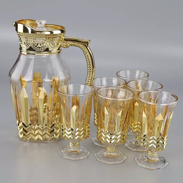 Free ups usps shipping glass cups and jar water juice soda tea luxury golden design deluxe window gift box gold lines pitcher tumbler set