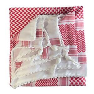 Keffiyeh Shemagh Red and White with Tassels and Fringed Scarf Wrap Tactical Desert Ultimate Soft for Adult 50" X 50" Double Knitting Thread