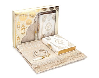 French Translated Quran Set, Muslim Gift, Ramadan Gift, Islamic Gift, Eid, Le Saint Coran, Prayer Rug, Prayer Beads, Français Coran, Gold