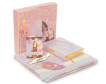 English Translated Quran Set, Muslim Gift, Ramadan Gift, Islamic Gift, Eid, English, Prayer Rug, Prayer Beads, Thermo Leather Cover, Pink