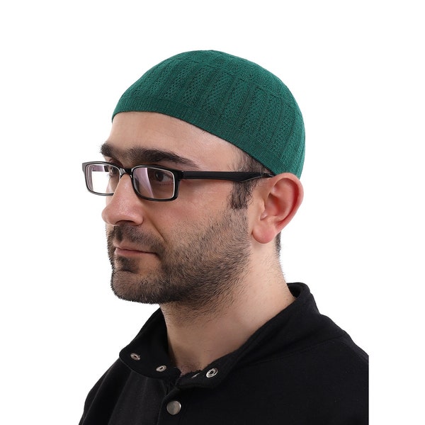 Muslim Winter Kufi Hats for Men, 100% Bamboo Yarn Islamic Prayer Hat, Islamic Caps, Prayer Skull Caps, Muslim Prayer Hat, Muslim Caps, Green