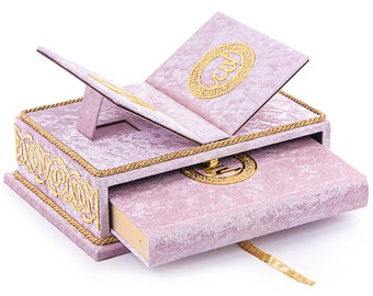 Personalized Quran Set with Desk Stand and Chest Box | Velvet | Eid | Wedding Gift | Birthday Gift | Ramadan | Islamic Gift Set | Pink