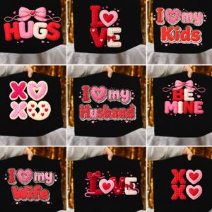 Puede incluir: Camisetas negras con diseños temáticos de San Valentín. Los diseños incluyen las palabras "HUGS", "LOVE", "I ♡ my Kids", "XO XO", "I ♡ my Husband", "BE MINE", "I ♡ my Wife", y "XO XO". El texto es en rojo, rosa y blanco.