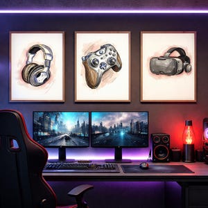 Gaming Poster Prints, Spielzimmer Wandkunst, Kopfhörer, Controller, 3er-Set