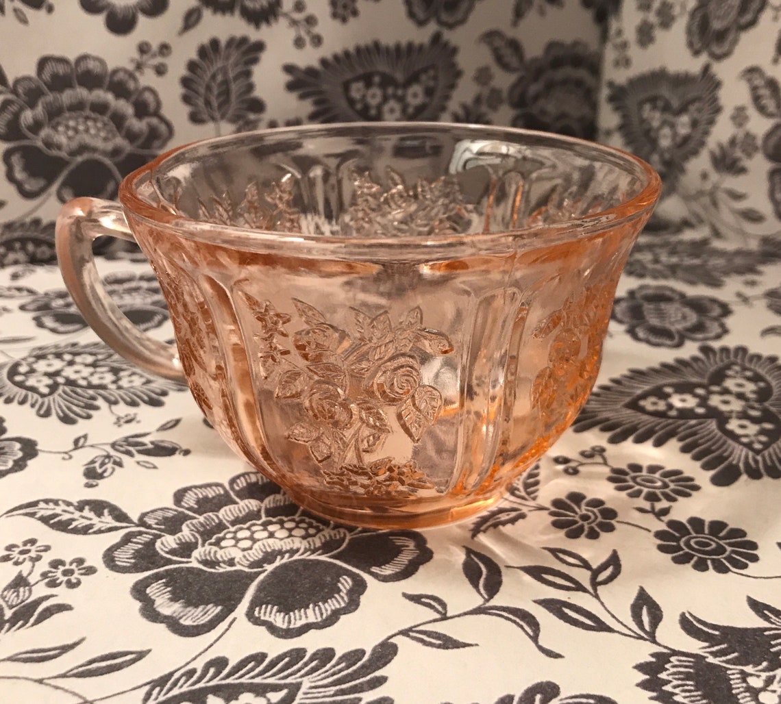 Cabbage Rose Pink Depression Glass Teacup Etsy