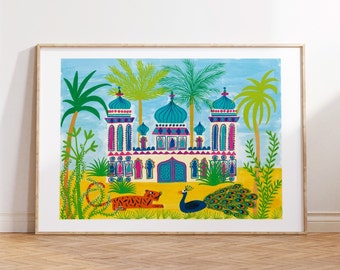 Peacock Palace, limited edition A3 giclée print / tiger and peacock picture / illustrated print / palm trees / art for home / palace print