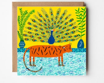 Spike and Mr Peacock, blank greeting card, illustrated card