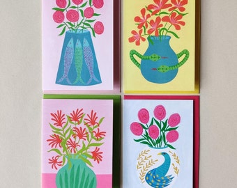 Flower Vases set of four A6 cards, Fish Vase, Snake Vase, Green Vase, Bird Vase, blank  greeting cards