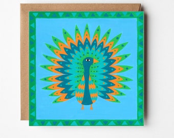 Peacock greeting card, blank card, illustrated card