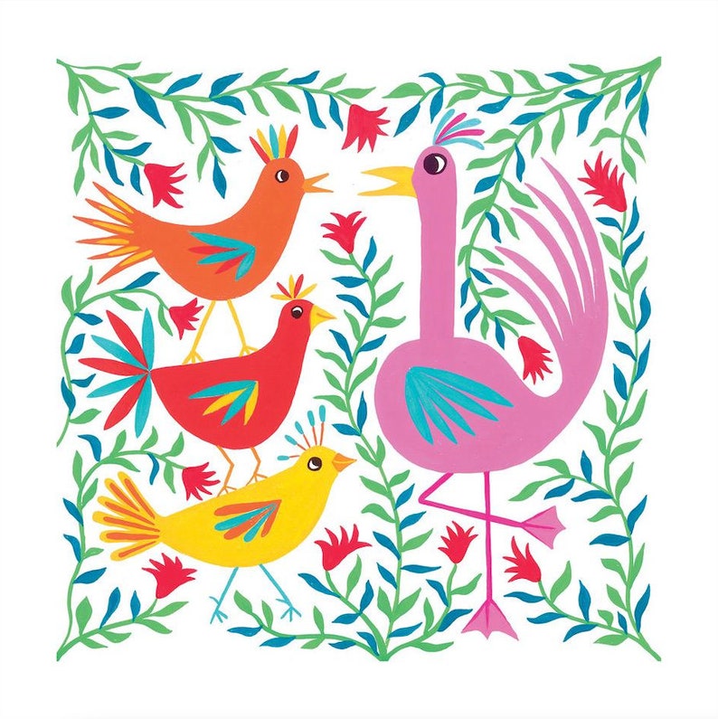Chit Chat, limited edition 30cm x 30cm square giclée print / birds picture / illustrated birds / wall art / bright art / fun print / colour image 2