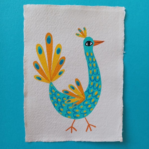 Original bird painting - pencil and gouache on A6 khadi paper / bird painting / gouache painting / handmade paper / khadi art / art gift
