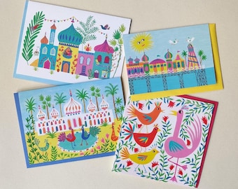 Summer set of four cards, mixed sizes, Brighton Birds Chatting, Sunshine Pier, Pavilion Birds, Chit Chat, blank greeting cards