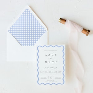 Wavy Blue Save the Date Template with Printable Gingham Envelope Liners, Templett and Canva Instant Download, Editable & Printable