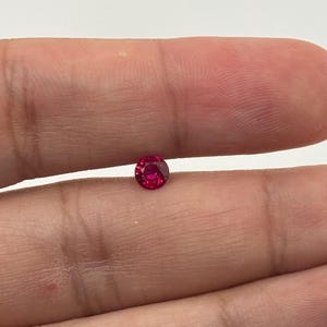 Peut inclure: Une petite pierre précieuse de rubis ronde et facettée. La gemme est d'un rouge profond et vibrant et est tenue entre les doigts. Le fond est de couleur blanc cassé.