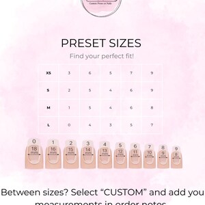 May include: A chart showing preset nail sizes, with measurements in millimetres. The chart includes sizes XS, S, M, and L, with corresponding numbers. The text "Sheek Nails" is at the top. The text "Find your perfect fit!" is also included.