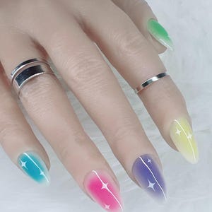 Reusable Hand-Painted “Rainbow Aura” Press-On Nail Set – Vibrant Rainbow Aura Chrome Nails, Salon-Quality Gel, Stick-On or Glue-On