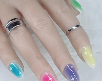 Uñas postizas Rainbow Aura / Uñas de gel pintadas a mano / Uñas postizas reutilizables / Gel de calidad profesional / Se adhieren con adhesivo o pegamento