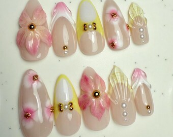 Beach Press-On Nails | 3D Flower & Shell Nails | Stick-On Nails | Handmade Gel Nails | Reusable Gel Nails