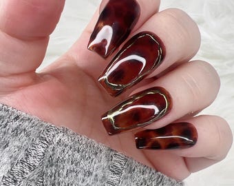 Tortoiseshell Press-On Nails | Gold Accent Nails | Brown Tortoise Shell Nails | Handmade Reusable Gel Nails