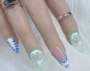 Unhas Postiças de Limão | Unhas Artísticas 3D com Fatias de Limão | Unhas Decoradas com Cítricos para o Verão | Unhas de Gel Artesanais | Unhas Postiças de Gel