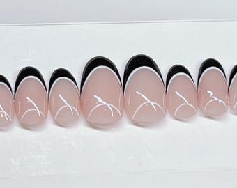 Black French Press-On Nails | Half Moon Nails | Handmade Gel Press-Ons | Stick-On Nails | Reusable