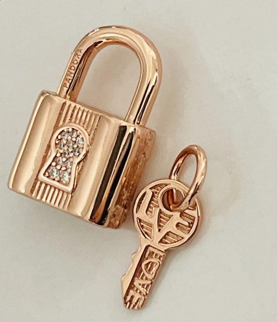 New Pandora S925 Rose Gold Authentic Padlock and Key Dangle Charm