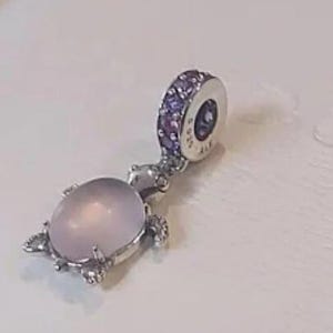 May include: A silver charm in the shape of a turtle with a pink stone and purple crystals. The charm has the text "925 ALE" on the back.