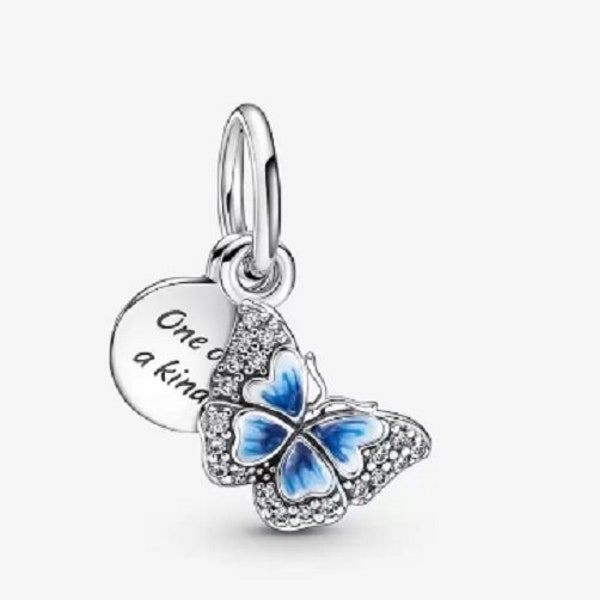 New Pandora Blue Butterfly and Quote Double Dangle Charm Bead