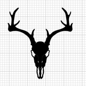 May include: Black silhouette of a deer skull with antlers. The skull is detailed with the jawbone and teeth.