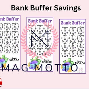 May include: Three printable charts with piggy banks to color in. Each chart has a different savings goal: $100.00, $250.00, and $500.00. The charts are titled "Bank Buffer".