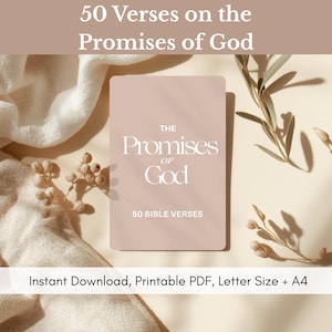 Könnte beinhalten: Eine rechteckige Karte mit altrosa Hintergrund und dem weißen Text "THE Promises OF God" sowie "50 BIBLE VERSES". Die Kopfzeile lautet "50 Verses on the Promises of God" und die Fußzeile "Instant Download, Printable PDF, Letter Size + A4".