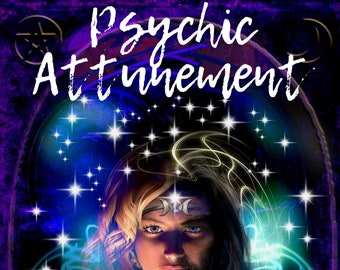 May include: A book cover with a woman's face in the center. The woman has a third eye and a crescent moon headband. The background is a dark blue with stars and swirls of light. The title of the book is "Psychic Attunement" and the author is "Susie Star".