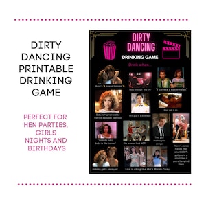Puede incluir: Un juego de beber imprimible basado en la película Dirty Dancing. El juego presenta una cuadrícula de 12 imágenes de la película con instrucciones para beber cuando ocurran ciertos eventos. El juego es perfecto para despedidas de soltera, noches de chicas y cumpleaños.