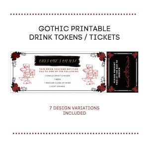 Vale de bebida gótica para imprimir / Vale de bebida / Bar / Ticker de bebida / Boda / Rojo, dorado, negro / Emo / Elegante / Diseño rosa / Temática