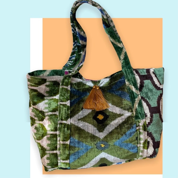 Patchwork Velvet Ikat Shoulder Beach Bag - Handmade Silk Velvet Shoulder Beach Bag With Handled