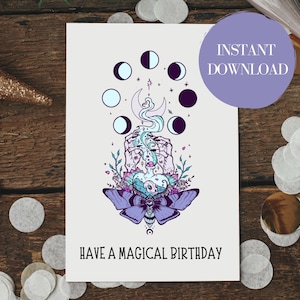 Druckbare magische Geburtstagskarte, Witchy, For Her, Potion, Motte, Mondphasen, einzigartige Illustrationskunst, gruselig, sofortiger digitaler Download