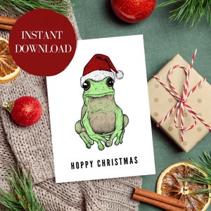 Hoppy Christmas | Niedliche Grußkarte | Frosch mit Nikolausmütze | Sofortiger digitaler Download | Druckbare Weihnachtskarte |
