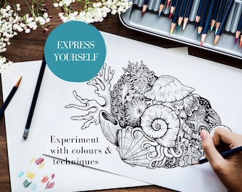 May include: A black and white line drawing of an intricate design featuring various sea creatures, including a jellyfish, a starfish, and a nautilus shell. The drawing is on a white sheet of paper with the text "Express Yourself" and "Experiment with colours & techniques" written below it. A hand is holding a pencil and coloring in the drawing.