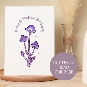 Cartão de aniversário para impressão, tenha um aniversário mágico, cogumelo mágico roxo, arte trippy, ilustração de bruxa, cartão de felicitações para download