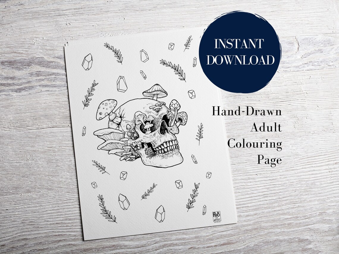 Printable Halloween Coloring Page Skull & Mushrooms Halloween Art ...