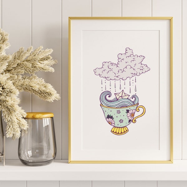 Storm in a Teacup | Printable Wall Art | Cottagecore Decor | Mental Health Illustration | Downloadable Digital Home Poster Print