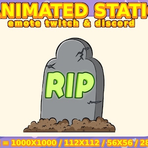 Op de afbeelding: Geanimeerde statische afbeelding van een grijze grafsteen met het woord "RIP" in groene letters. De grafsteen staat op een hoop bruine aarde. De afbeelding is beschikbaar in vier formaten: 1000x1000, 112x112, 56x56 en 28x28.