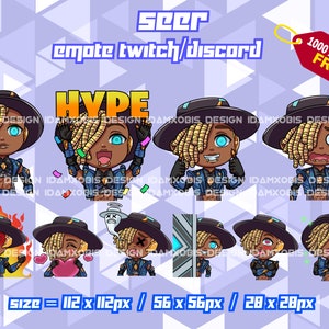 May include: A set of nine digital animated emotes featuring a cartoon character with dreadlocks, a black hat, and a blue and yellow outfit. The emotes show different expressions, including hype, crying, and love. The text "Seer emote twitch/discord" and "HYPE" are also included in the image.