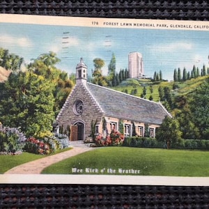 1937 Forest Lawn Memorial Park, Glendale California Post Card w/ Writing & Stamp