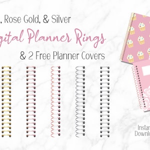 Anillos de planificador digital, oro plata rosa oro PNG aglutinantes anillos, accesorios de planificador, goodnotes notabilidad, uso personal y comercial permitido