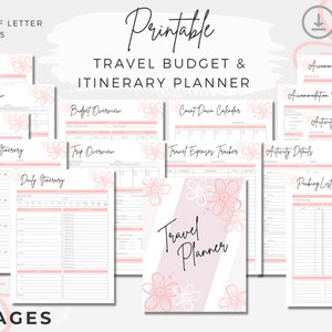 May include: Printable travel budget and itinerary planner with 16 pages. The pages are decorated with pink flowers and have sections for transportation details, trip overview, to-do list, weekly itinerary, daily itinerary, budget overview, countdown calendar, travel expenses tracker, accommodation research, accommodation details, activity research, activity details, and packing list.