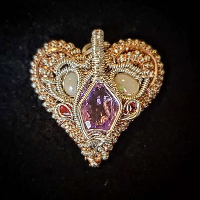 Heart gemstone Pendant amethyst garnet opal. shops 14k rose gold and sterling silver .