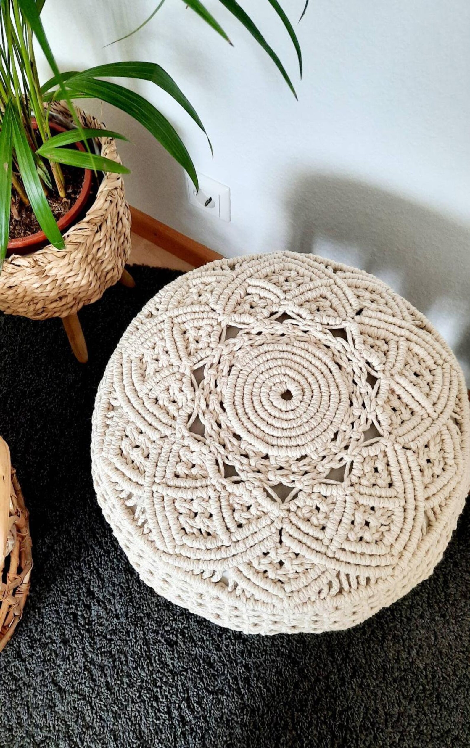 This Christmas Handmade Macrame Stool Ottoman Crafted Knotted Etsy