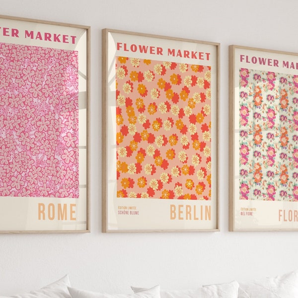 Pink Orange Flower Market Digital Download, 70s Style Poster, 60s Flower Print, Orange Pink Decor, Dork Room Wall Art, Printable set of 9