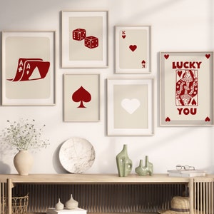 Trendy Retro Wandkunst Set von 12, Retro Trendy Aesthetic Red Print, Lucky You Poster, Druck, trendige Wandkunst, lustige Kunst, minimalistisch, digitale Kunst